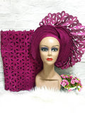 Magenta  Laser Cut Auto Aso Oke Set Headtie