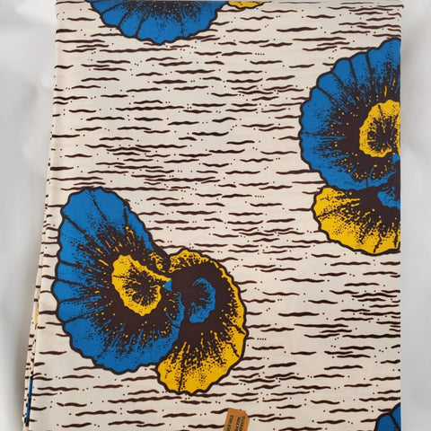 Wax print cloth, brown, yellow, and blue