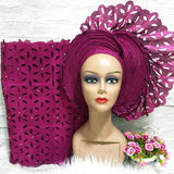 Magenta  Laser Cut Auto Aso Oke Set Headtie